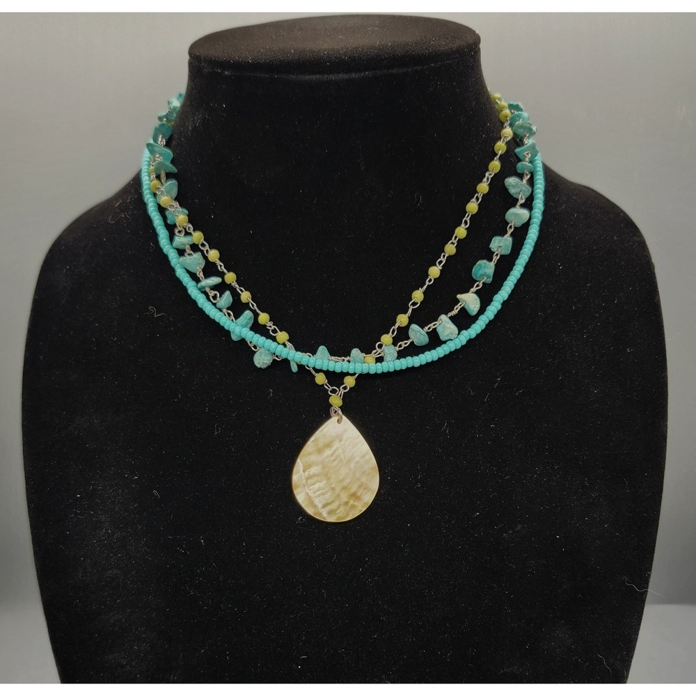 American Eagle Boho Layered Beaded Necklace Turquoise Mother of Pearl Teardrop